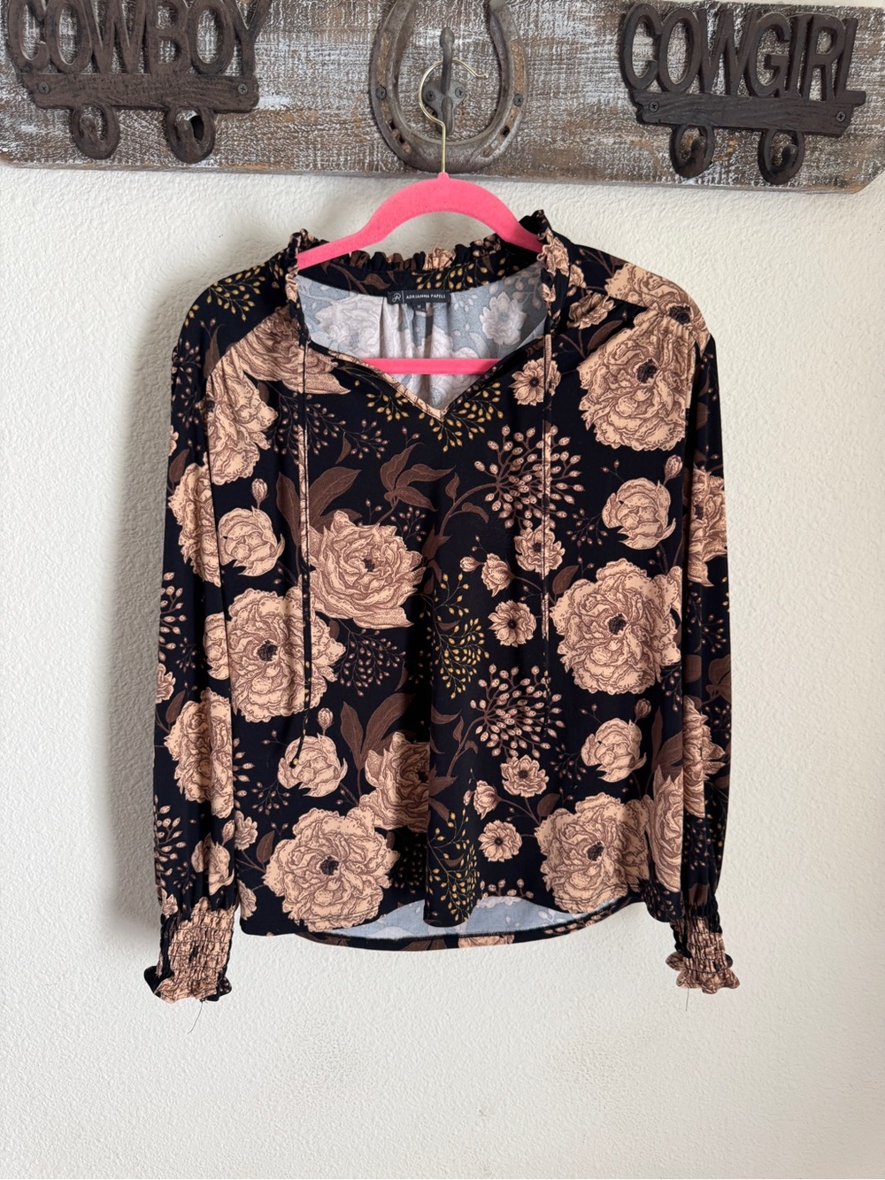 Adrianna Papell Black Top with Beige Floral Print